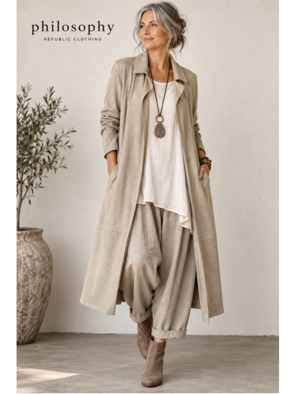 Philosophy Republic Faux Suede Long Duster Coat XL Beige Lagenlook